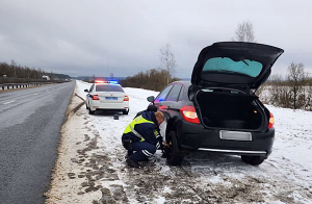 В Новгородской области дорожные полицейские помогли семье пожилых петербуржцев устранить поломку автомобиля