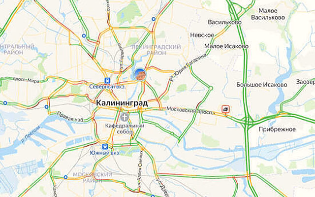 Ситуация — 7 баллов: карта пробок в Калининграде на утро вторника