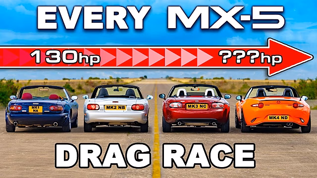 Видео: четыре поколения Mazda MX-5 сошлись в гонке по прямой