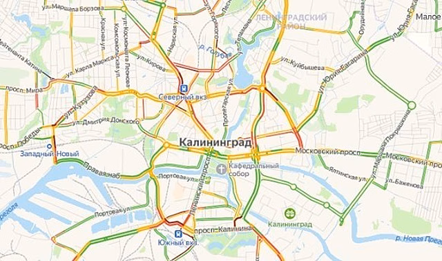 Во вторник вечером Калининград встал в восьмибалльных пробках