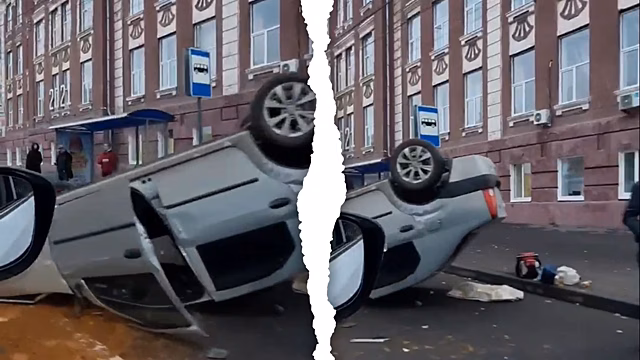 У остановки общественного транспорта в центре Саратова перевернулся автомобиль