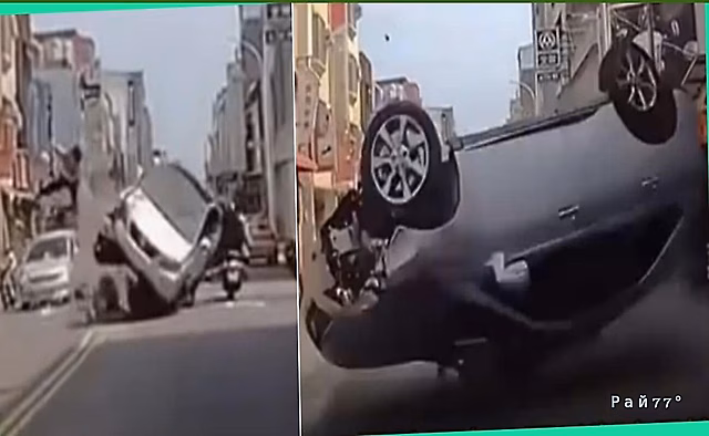 Автомобиль подскочил на мотоциклисте и опрокинулся на автомобиль