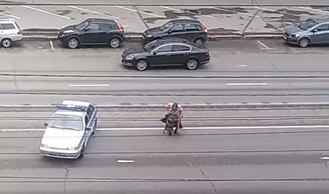 В Воронеже полицейские помогли старушке перейти дорогу, преградив движение своим авто